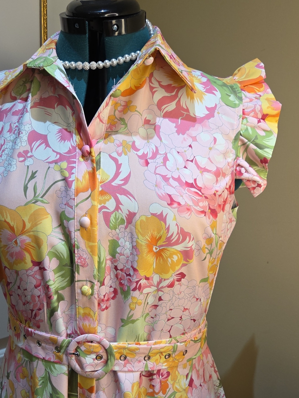 Nwt Large & Medium Dalia Macphee Pink Floral Midi Dress with Collar & Ruffle - Picture 11 of 17